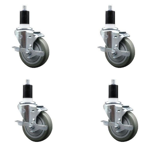 Service Caster 4'' SS Gray Poly Swivel 1-1/2'' Expanding Stem Caster Set with Brake, 4PK SCC-SSEX20S414-PPUB-TLB-112-4 - main